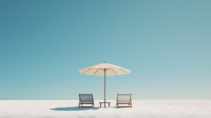 Minimal beach umbrella with lounge chairs. Summer vacation concept.