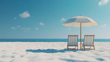 Beach chair and umbrella by the sea. Summer relaxation concept.