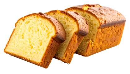 A sliced, golden pound cake loaf displayed against a transparent background
