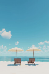 Beach umbrellas on white sand under blue sky. Summer holiday concept.