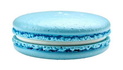 Close-up of a vibrant, light blue macaron with white filling against a black background