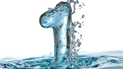 A blue splash of water in the shape of the number one, rising from a pool with ripples against a plain white background.