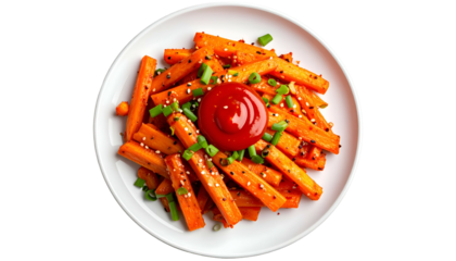 Overhead shot of carrot fries on a white plate with ketchup and scallions