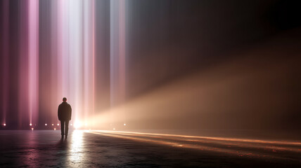A lone figure walks towards brilliant beams of light in an open space, creating a stark contrast between dark and ethereal glow.