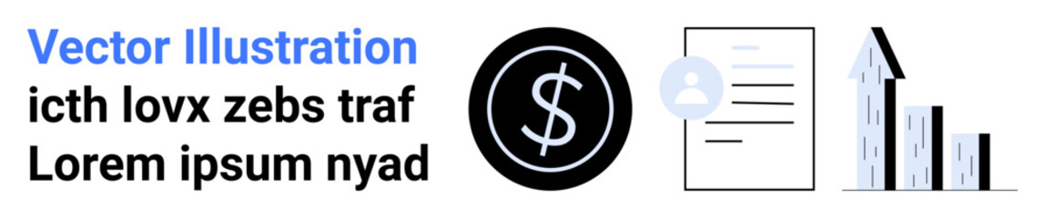 Obraz premium Finance, business analytics, income growth, economic data, corporate identity, money management. Dollar sign, profile icon document and bar graph. Finance and business analytics concept