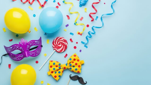 carnival background copy space Colorful party decorations and accessories for celebration or carnival on light blue background
