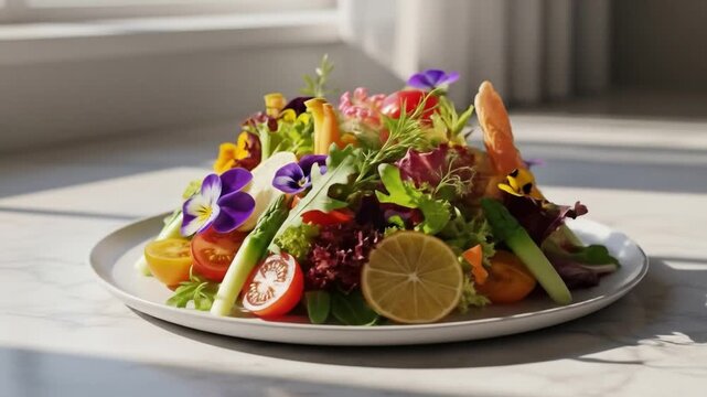 A vibrant mix of fresh vegetables, fruits, and edible flowers on a white plate, set on a light-colored wooden table with natural light. Perfect for food blogs, restaurant menus, and healthy