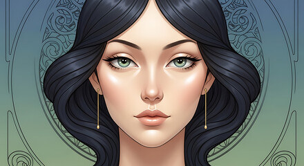 Close-up portrait of a beautiful woman with dark wavy hair and striking green eyes, set against an elegant, stylized background.