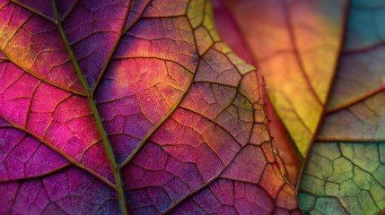 Obraz premium Bright leaves with diverse colors form an interesting pattern. The close up reveals details of the veins and textures in natural light. This captures the beauty of leaves in nature.