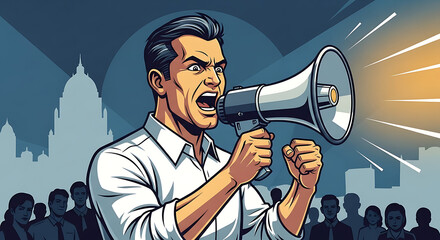 A passionate man in a white shirt shouts into a megaphone at a public rally with a crowd and government buildings in the background.