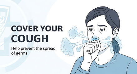 An illustration showing a person coughing into their hand with visible breath, emphasizing the importance of covering coughs to prevent germ spread.