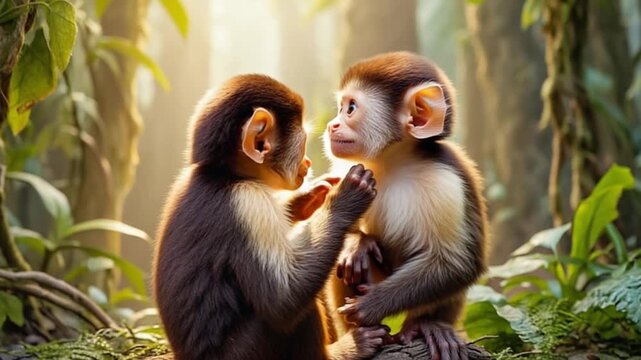 Two adorable monkeys playfully interacting in lush jungle environment