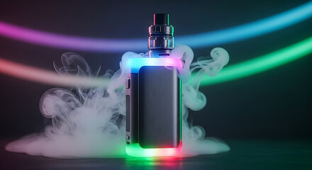 A modern vape device with colorful LED lights and vapor cloud on a dark background.