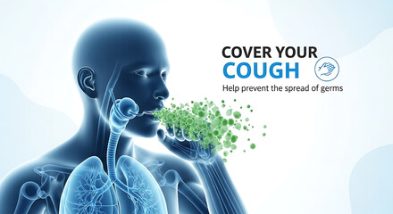 Illustration showing a person covering their mouth and nose with their hand while coughing, with germs depicted as green particles spreading.