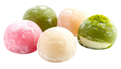 Colorful, round Japanese mochi desserts in various shades, arranged against a black background