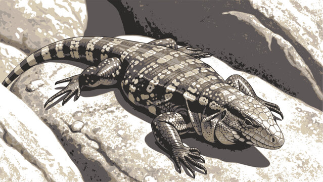 Color multilayered vector illustration of an Argentine tegu lizard on a rocky surface. Design for educational wildlife posters or exotic pet care branding. Transparent background SVG version.