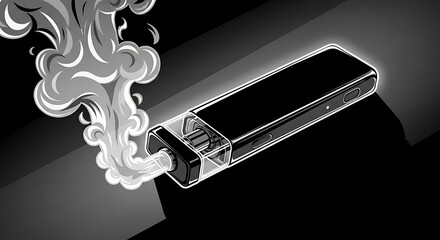 Illustration of a modern vape device emitting a large cloud of vapor in a dark setting.