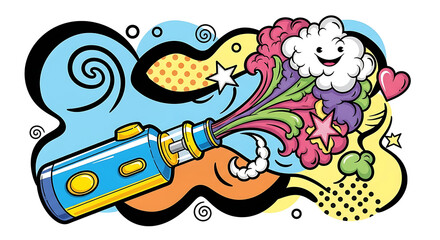 A vibrant and colorful illustration of a vape pen emitting a cloud of smoke with a happy face, surrounded by abstract shapes and stars.