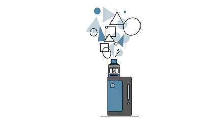 Illustration of a modern blue and grey vape device emitting abstract geometric shapes as vapor on a white background.