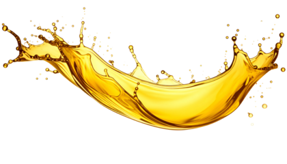 Isolated, dynamic splash of golden liquid, curved and fluid against a dark void