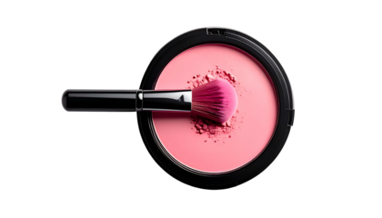 Makeup compact with a pink powder and brush, set against a stark black background