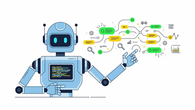 Robot analyzing complex data flowchart with various symbols and connections, illustrating technology and artificial intelligence in a digital environment from a straightforward viewpoint
