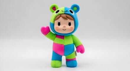 Colorful plush figure in bear costume posing on a white backdrop