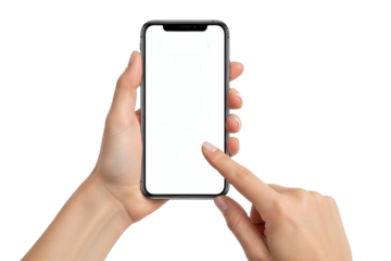 Woman's hands holding smartphone with blank white screen and hand scrolling ready for your mockup app