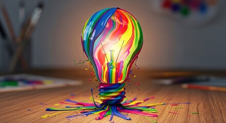 Colorful painted light bulb illustration on wooden surface for creativity