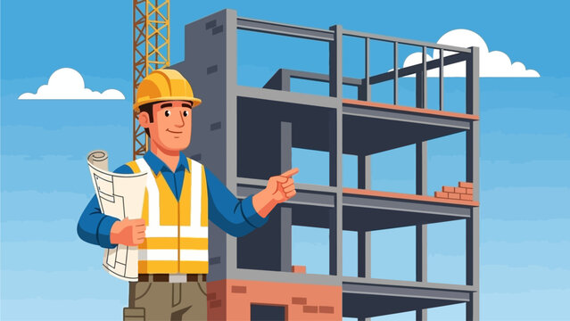 Construction worker in safety vest explaining building plans near unfinished structure on a clear day