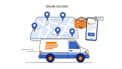 Delivery van navigating through a mapped route with package and mobile device nearby