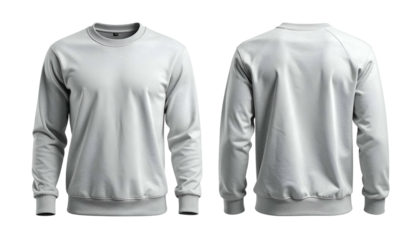 Front and back views of a plain, light grey sweatshirt against a black background