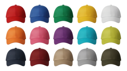 Vibrant collection of casual baseball caps in multiple colors perfect for fashion branding or promotional merchandise mockups