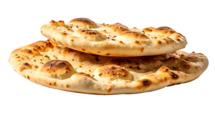 Two golden, bubbly flatbreads, one atop another, lightly dotted with herbs