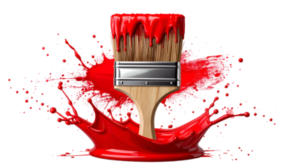 A paint brush dripping red paint, splattered in a splash