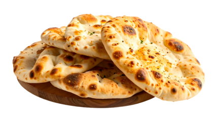 Stacked, golden flatbreads with charred edges, light toppings on wooden serving board