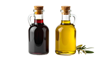 Two bottles, one dark liquid, one light, with cork stoppers, olive branch