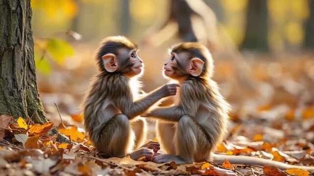 Two adorable monkeys embracing in autumn forest with warm sunlight