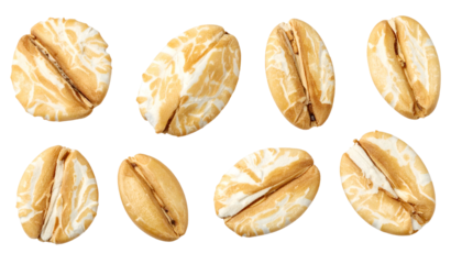 Close-up of eight oat groats with natural textures against a stark black background