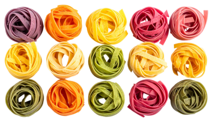 Fifteen colorful nests of fresh pasta arranged in a grid against a black background