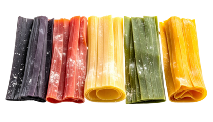 Colorful pasta rolls, various hues, against black background, culinary, fresh and delicious