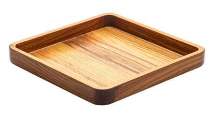 A square, shallow wooden tray with rounded corners and a textured wood grain