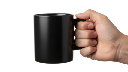 Hand firmly gripping a sleek matte black coffee mug ready for custom branding or product mockup display