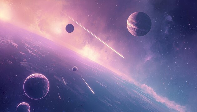Abstract space dreamscape with floating planets and radiant meteor trails soft - Powered by Adobe