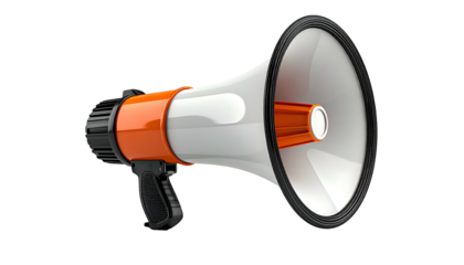 A classic, orange, white, and black megaphone isolated on a black background