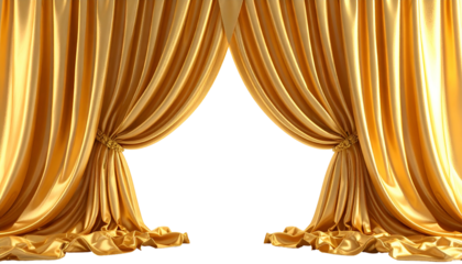 Gold stage curtains pulled back. Black void behind the glistening folds