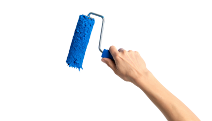 A hand holds a blue paint roller, isolated on a black background, as if painting