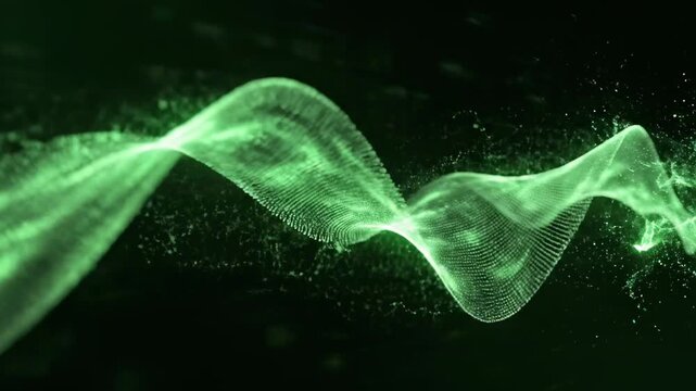 A mesmerizing green waveform composed of tiny particles flows across a dark background, resembling a dynamic, glowing ribbon