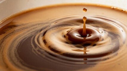 A droplet of coffee falling into a cup, creating ripples and a crown splash in slow motion