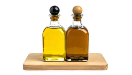 Two glass bottles, one yellow, one brown, sit on a wooden surface against black